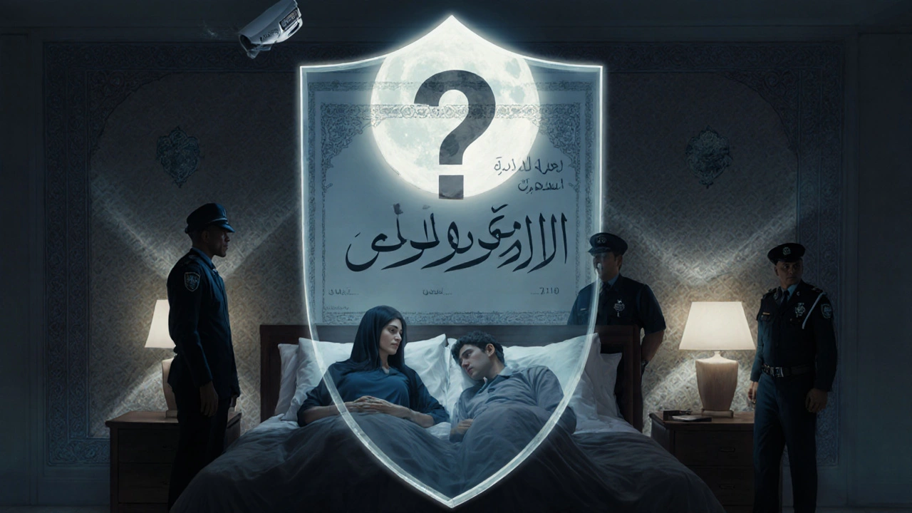 A couple sleeping in separate beds under a transparent legal shield, shadowy figures watching, moonlight illuminating Arabic patterns.