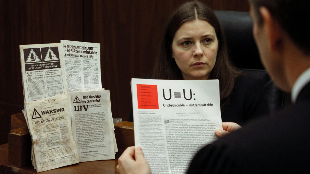A courtroom where a judge contrasts modern HIV science with outdated pamphlets during a trial.