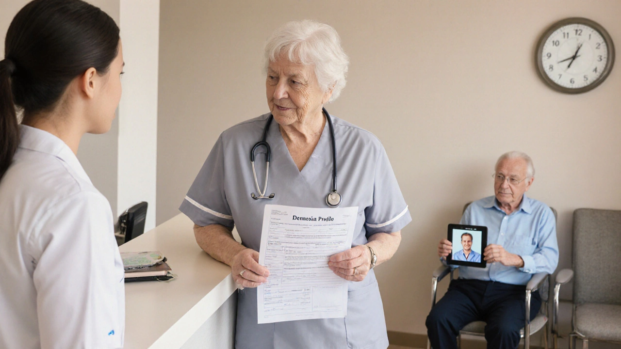 A dementia-trained escort speaks with a nurse at a clinic, holding a personalized care profile form.