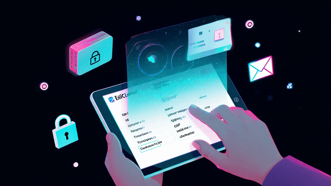 A digital photo losing hidden metadata like location and device data, being cleaned with a privacy app.