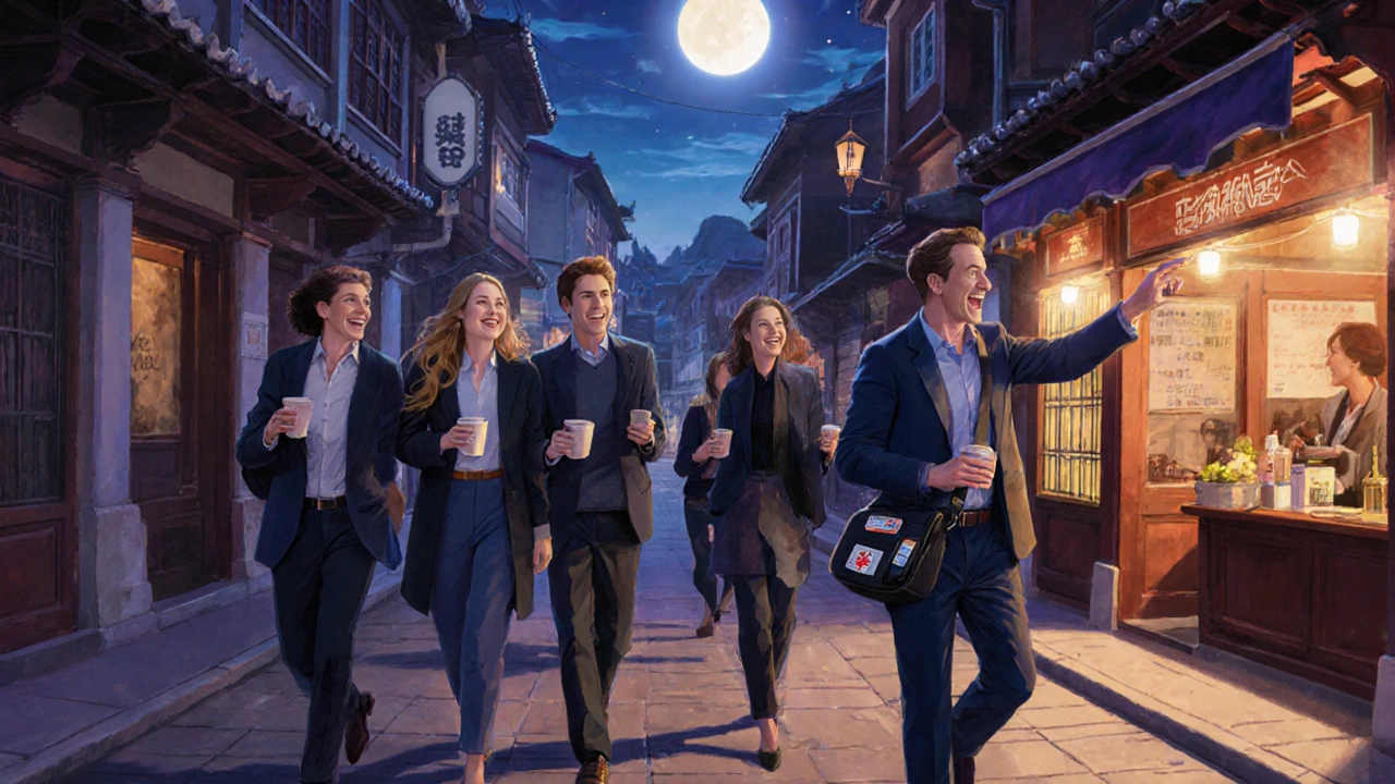 A diverse team shares a quiet evening walk with a tour escort, discovering a local café together.