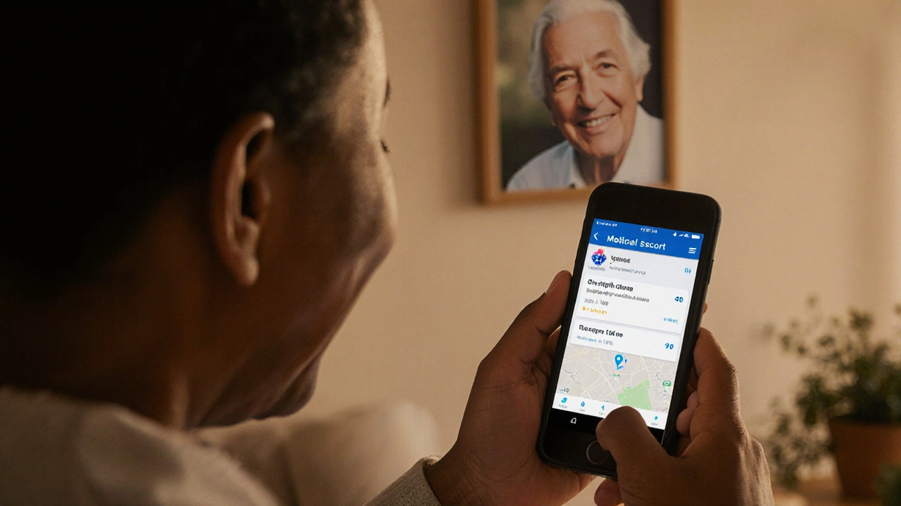 A family member views real-time medical transport updates on their smartphone at home.