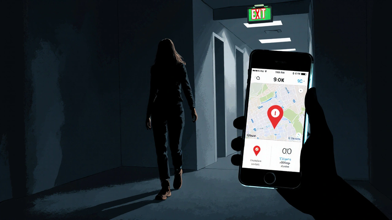 A figure stepping back from a dark room, smartphone glowing with safety alerts, a bright exit sign lighting their path forward.