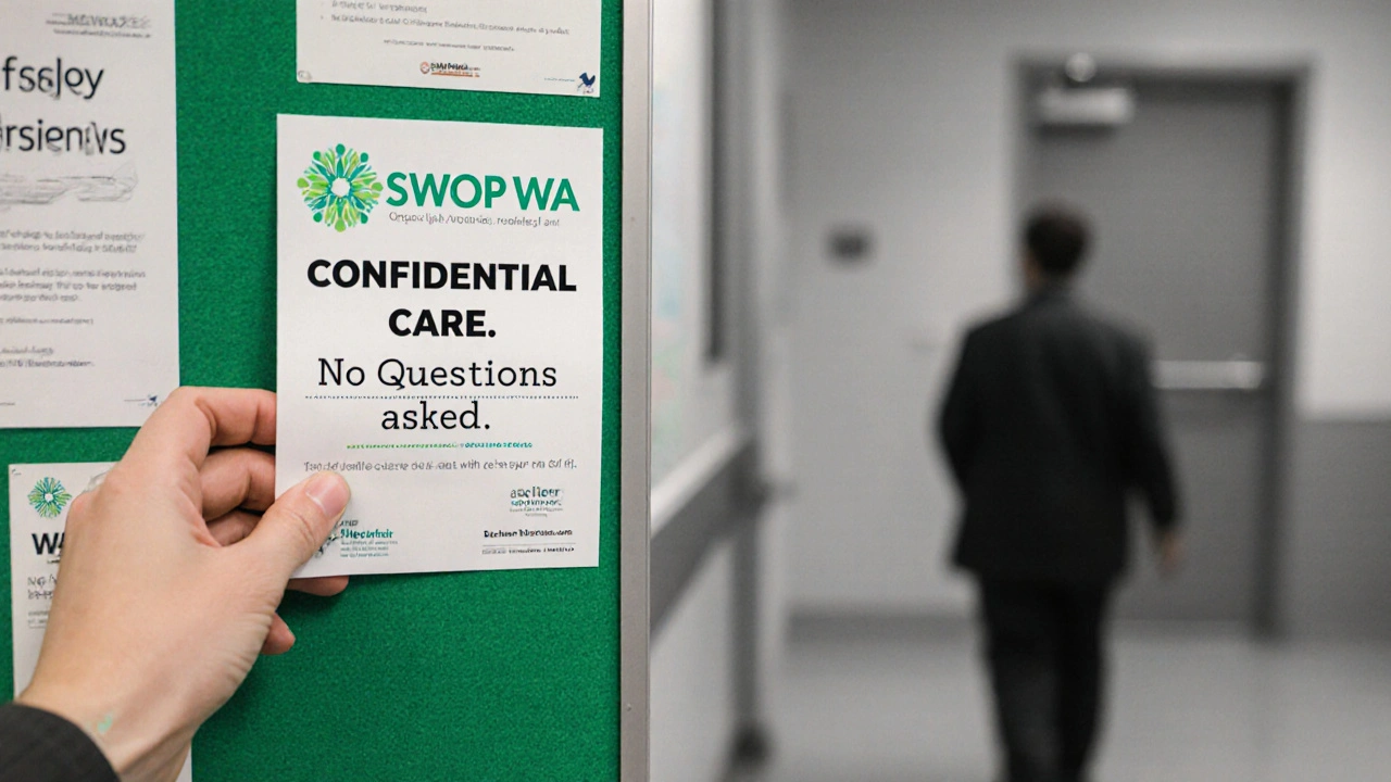 A flyer for confidential sex worker healthcare is placed on a hospital board beside generic health posters.