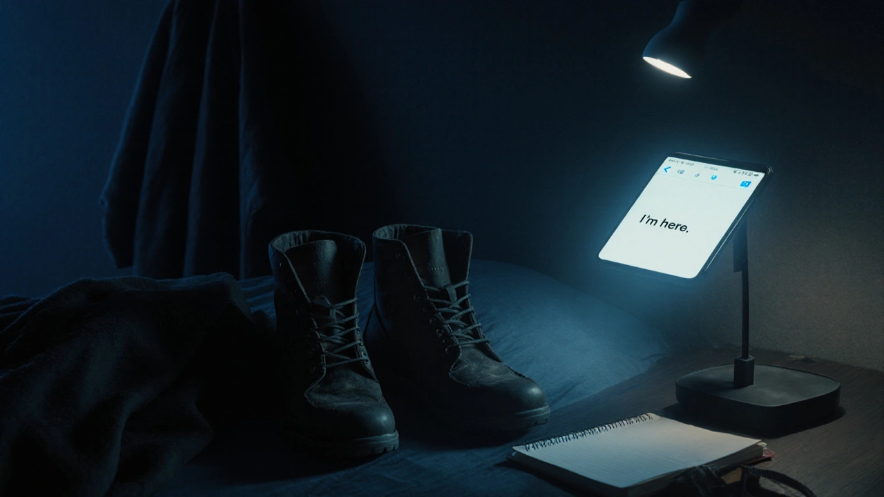 A glowing encrypted phone in a dark room beside boots and an open journal, symbolizing privacy and quiet strength.