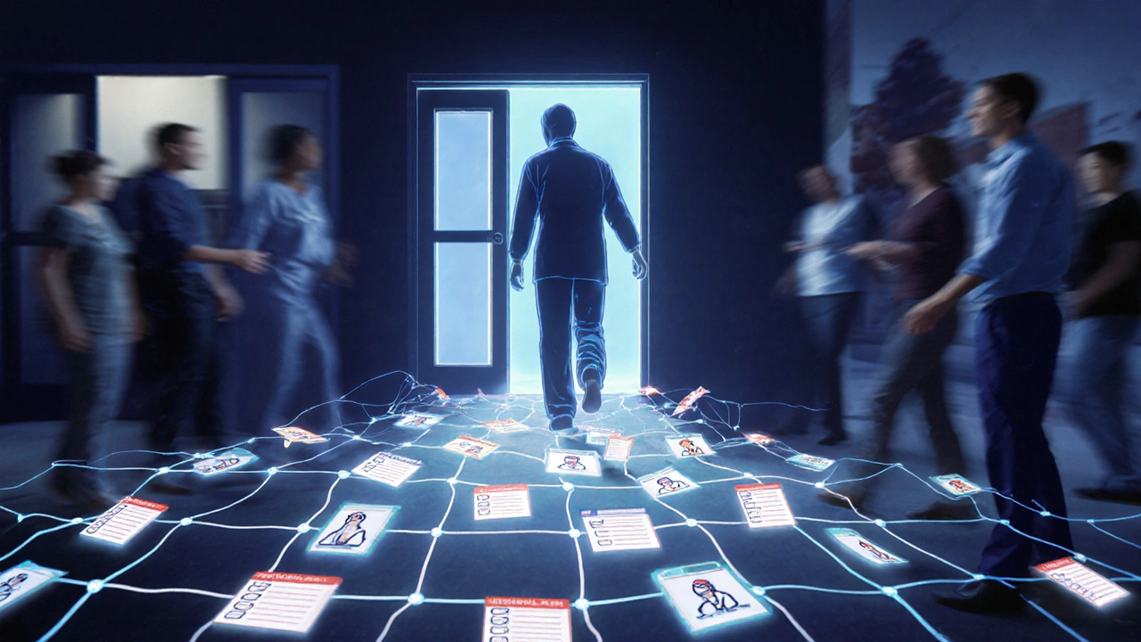 A glowing safety net protects a patient transitioning from hospital to home.