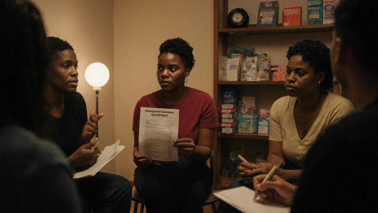 A group of sex workers in a community circle sharing safety strategies and support.