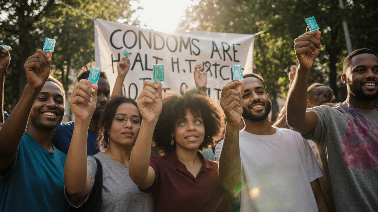 A group of sex workers in Berlin holding up condoms, standing together in sunlight outside a health center.