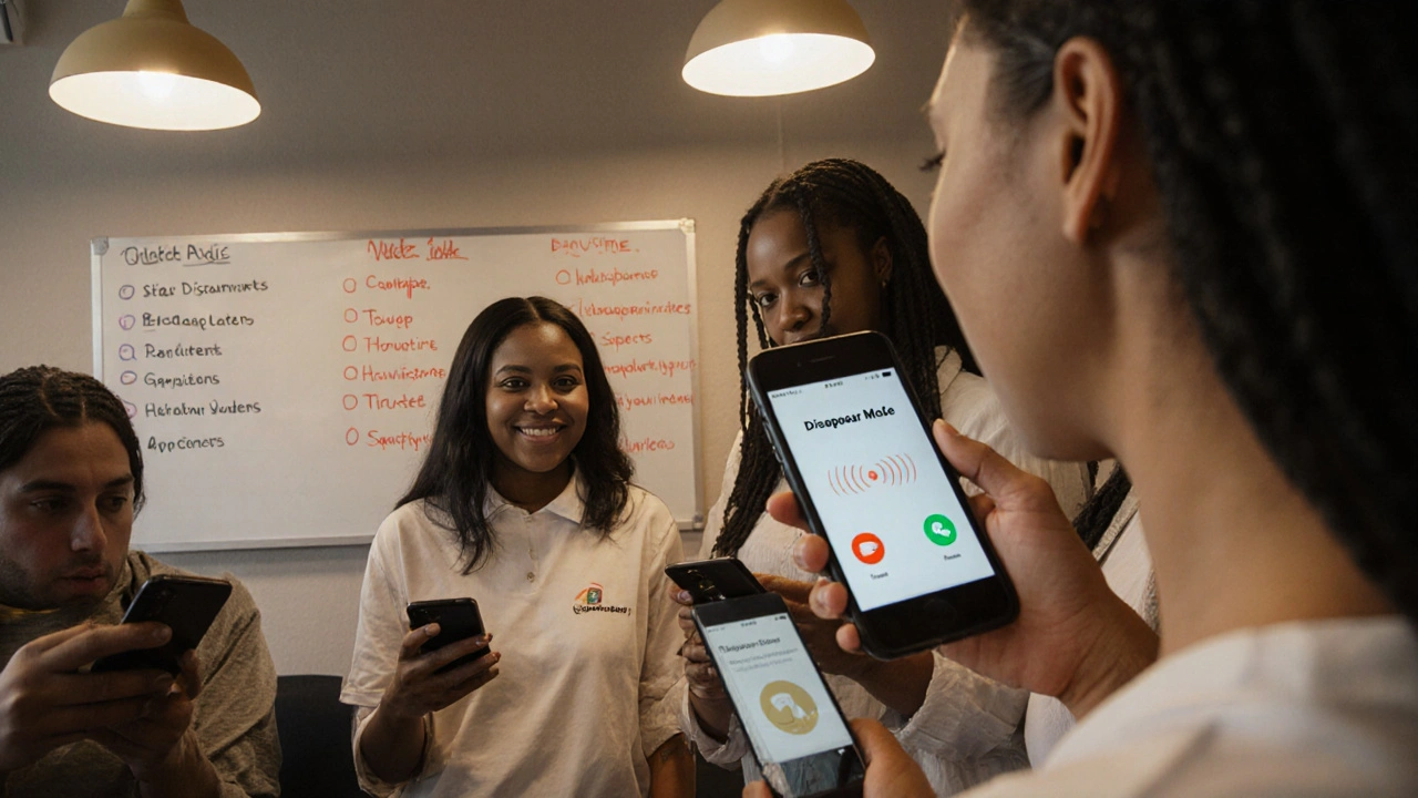 A group of sex workers sharing safety app tips in a community center, one demonstrating a fake call feature.