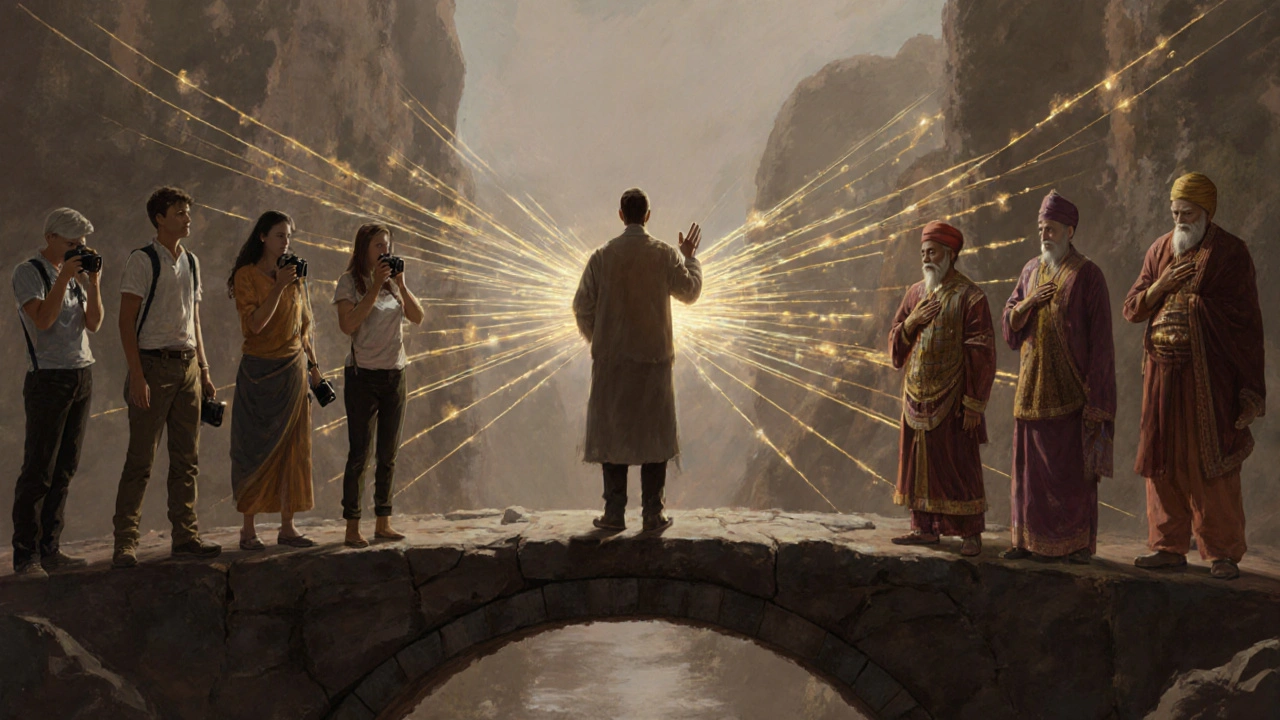 A guide symbolically bridges Western tourists and local traditions through respectful gestures and light.