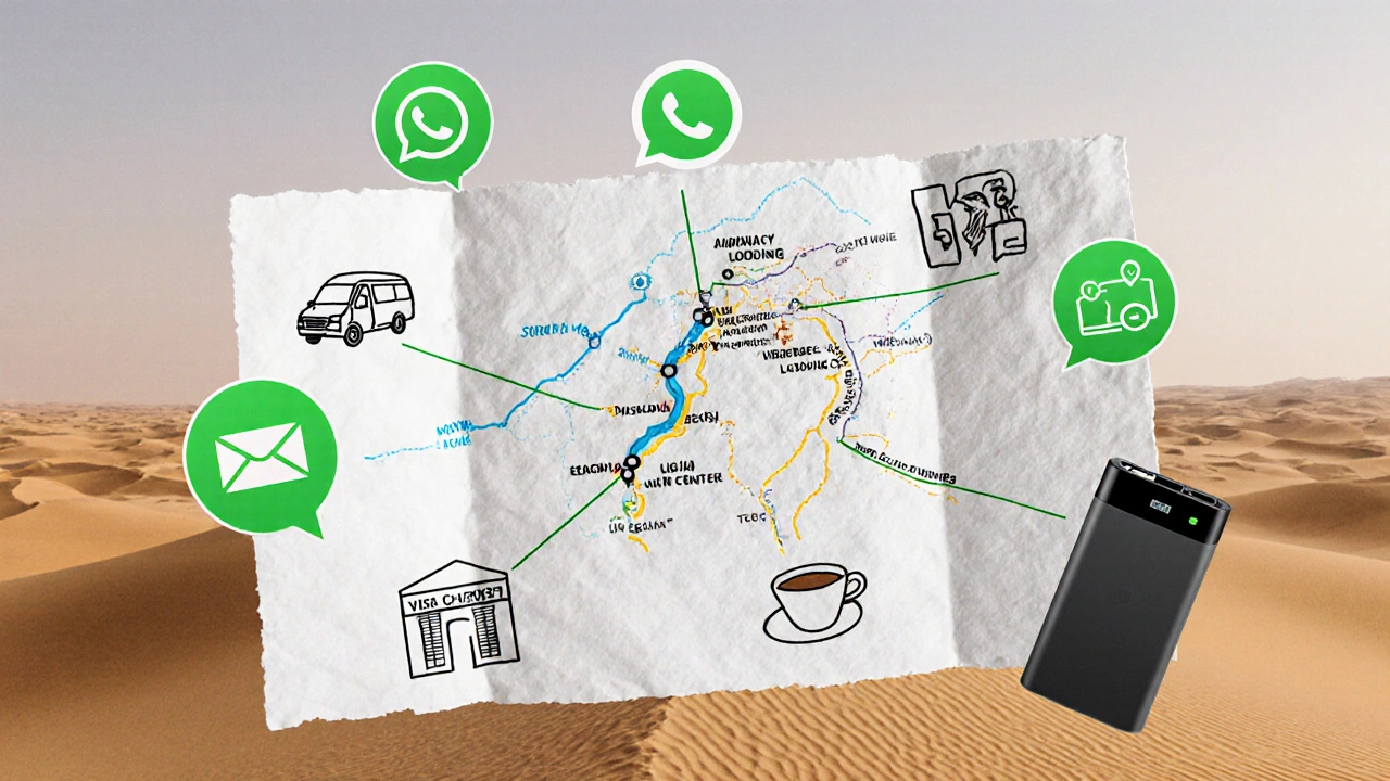 A hand-drawn map of Dubai with emergency icons and a power bank, symbolizing offline travel support.