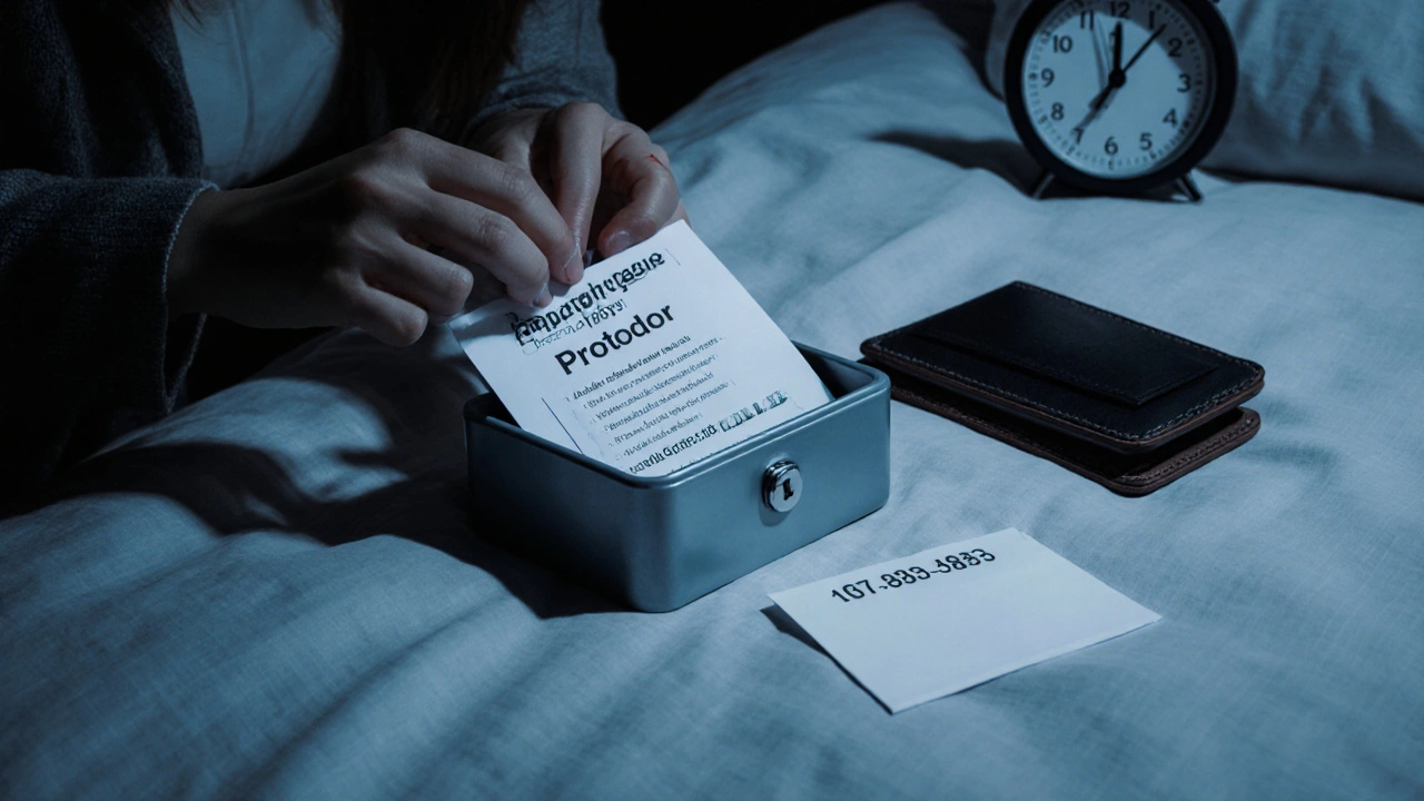A hand placing an emergency contact document into a lockbox beside a phone and wallet.