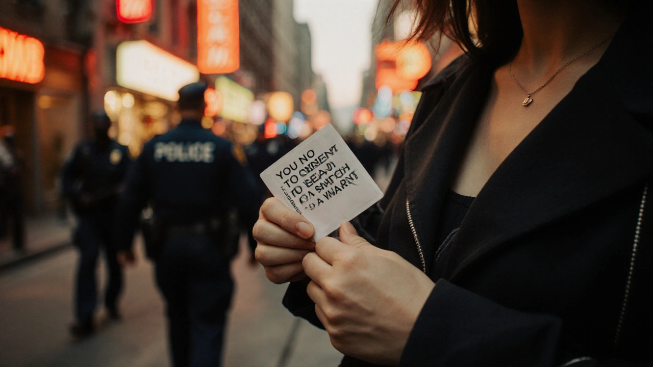 A hand pulls a rights card from a wallet as police approach in an urban alley.
