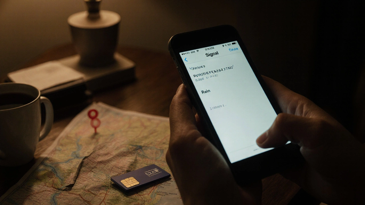 A hand sends a coded message on an encrypted phone, next to a coffee cup and prepaid SIM card.