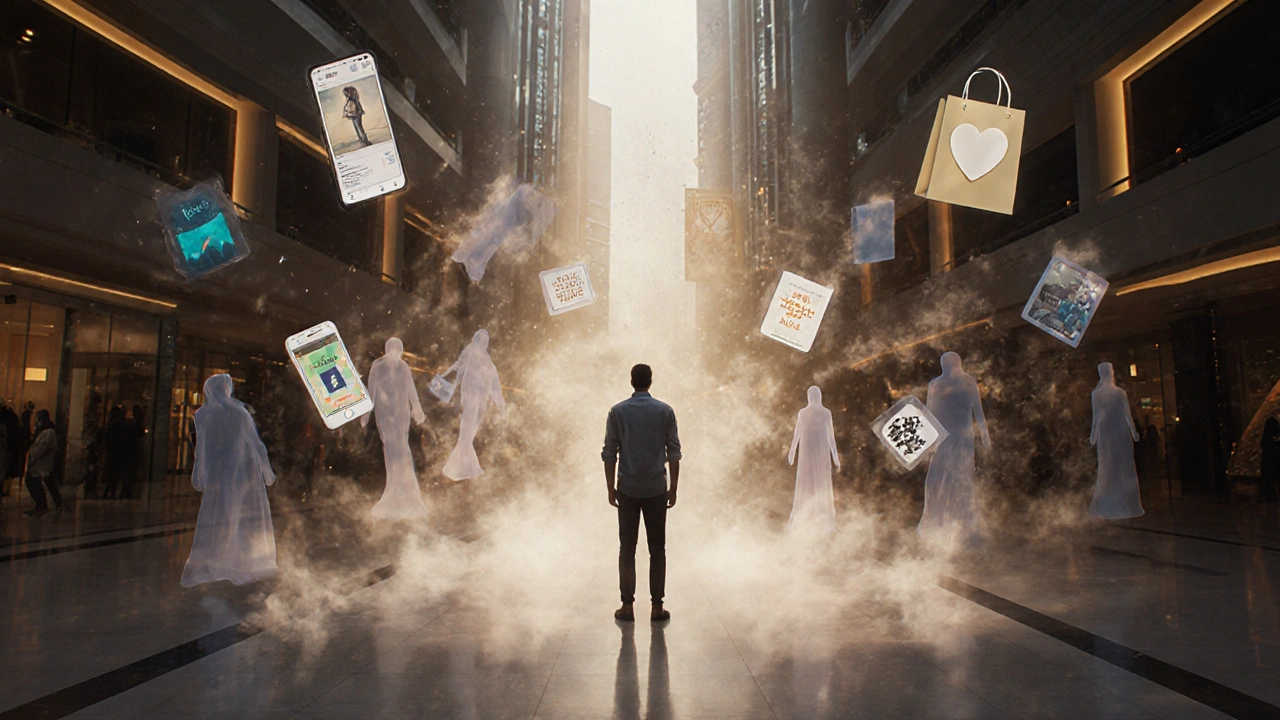 A lonely man surrounded by fading ads and apps, with faint paths leading to community activities in the distance.