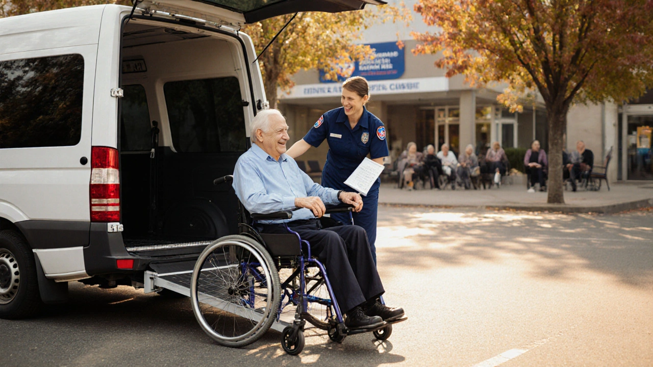 A medical escort assisting an elderly man with Parkinson’s from a walker to a wheelchair outside a clinic.