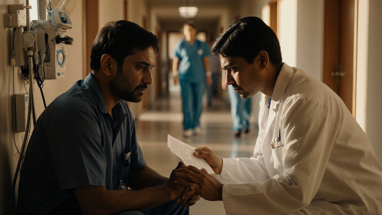 A medical escort comforts a laborer in a hospital hallway, explaining medication instructions with gentle gestures and empathy.