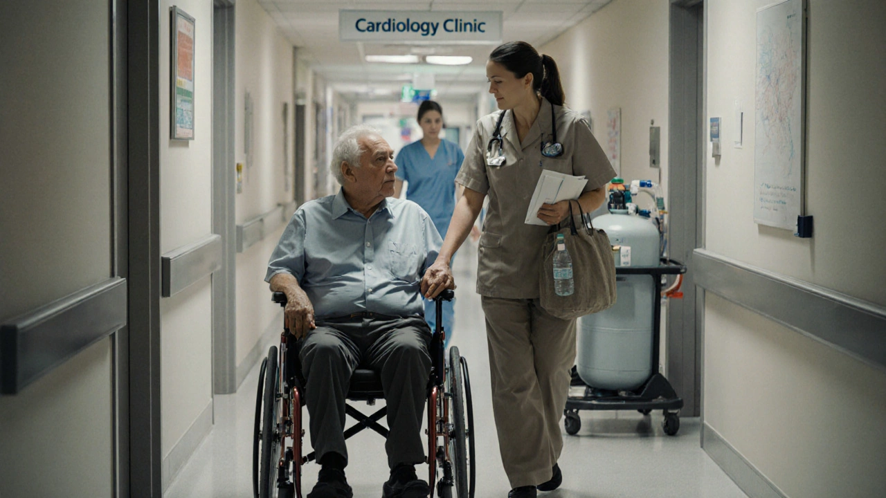 A medical escort helping a senior in a wheelchair walk through a hospital corridor.