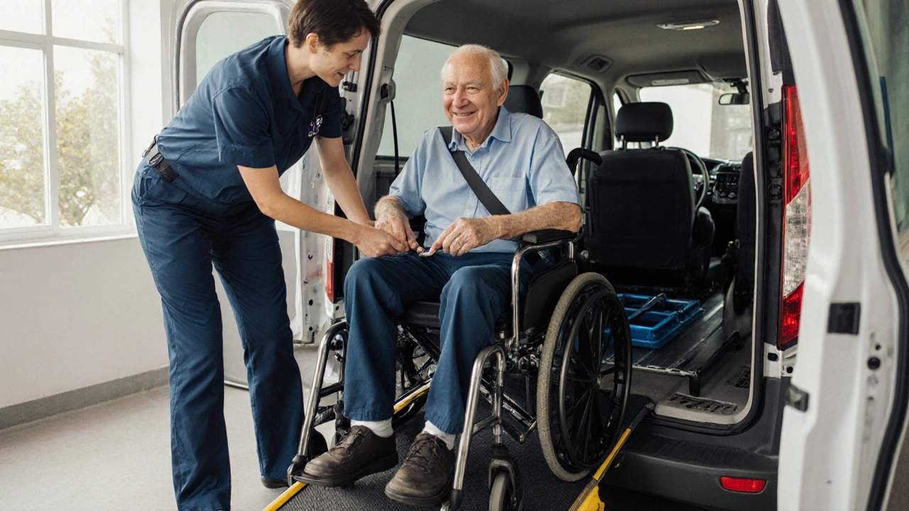 A medical escort helping an elderly man into a wheelchair-accessible van.