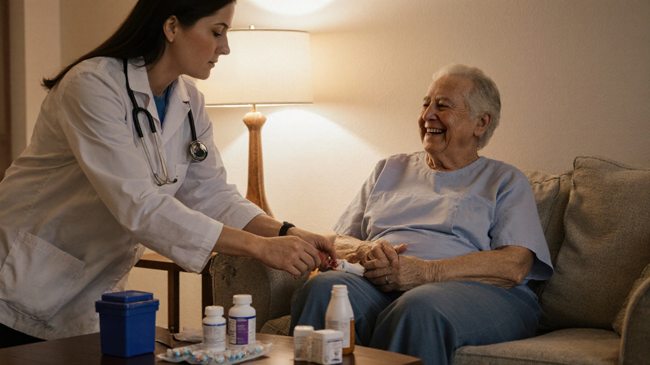A medical escort helps a patient sit safely on a sofa at home after surgery.
