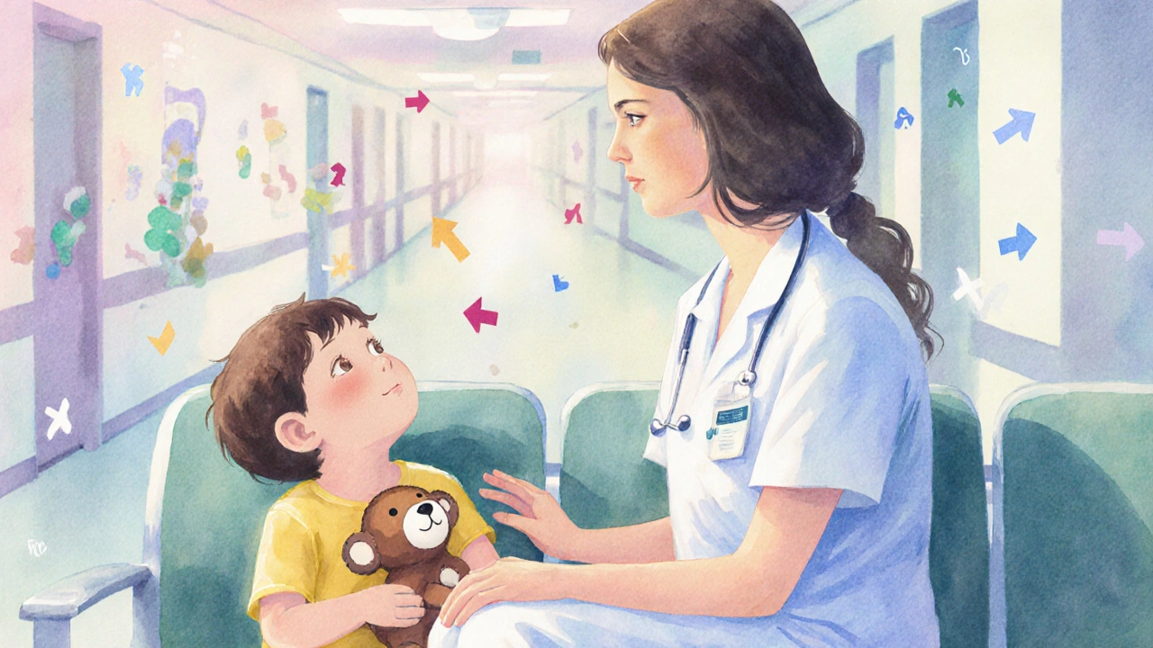 A medical escort sits calmly beside a child in a hospital waiting room, offering comfort.