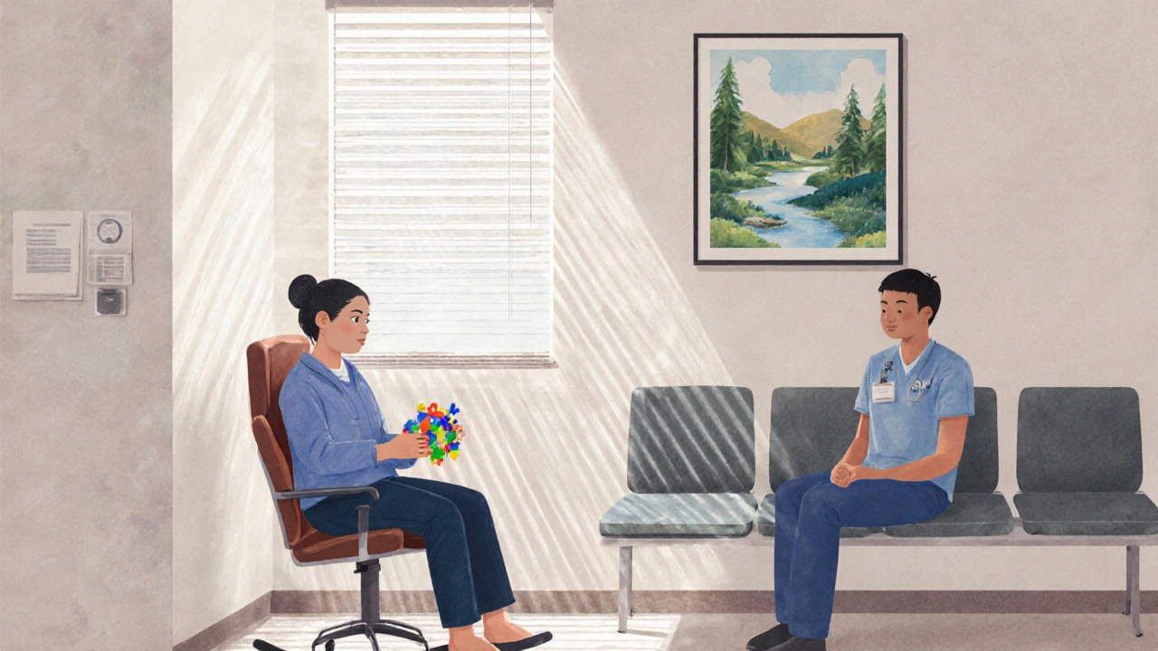 A medical escort sits respectfully beside a person with autism in a peaceful clinic waiting room, providing silent support.