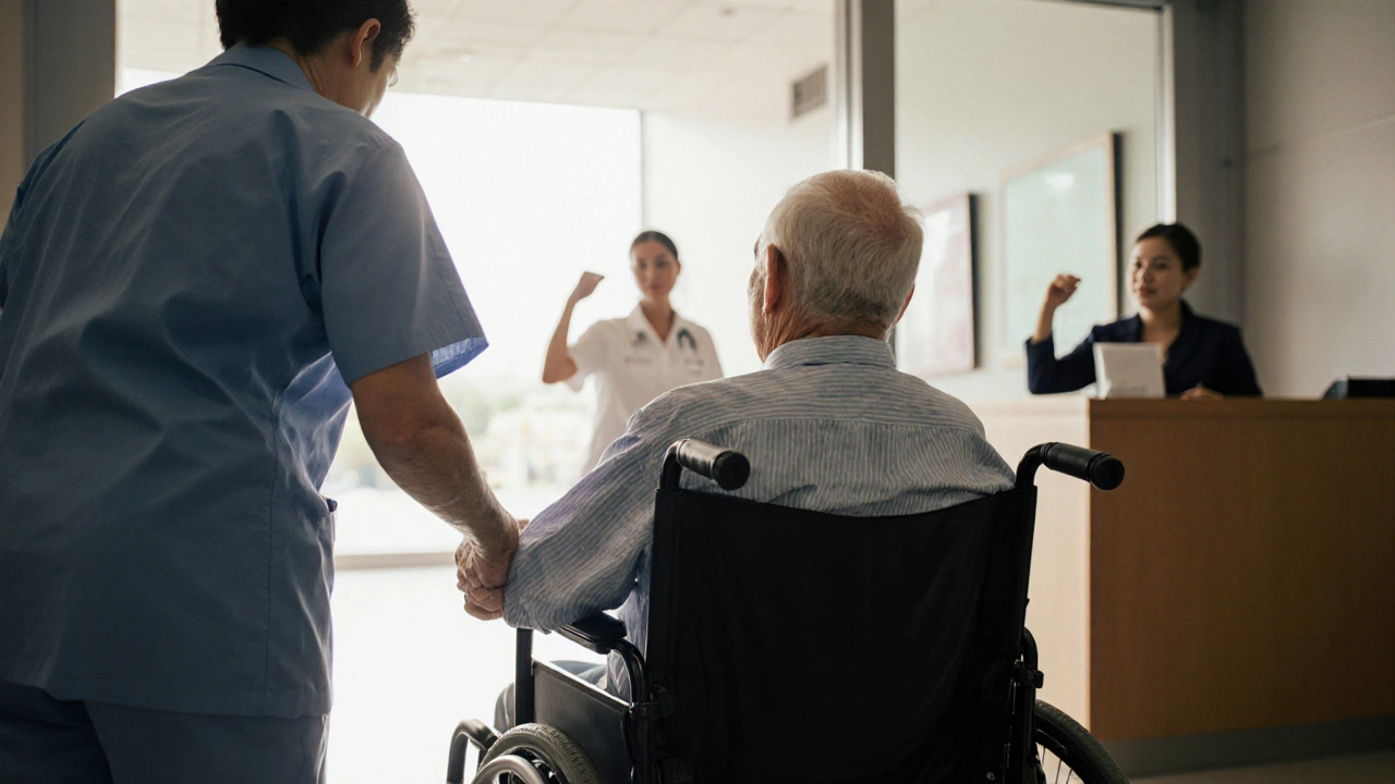 A medical escort supports an elderly man walking into a clinic after a medical appointment.