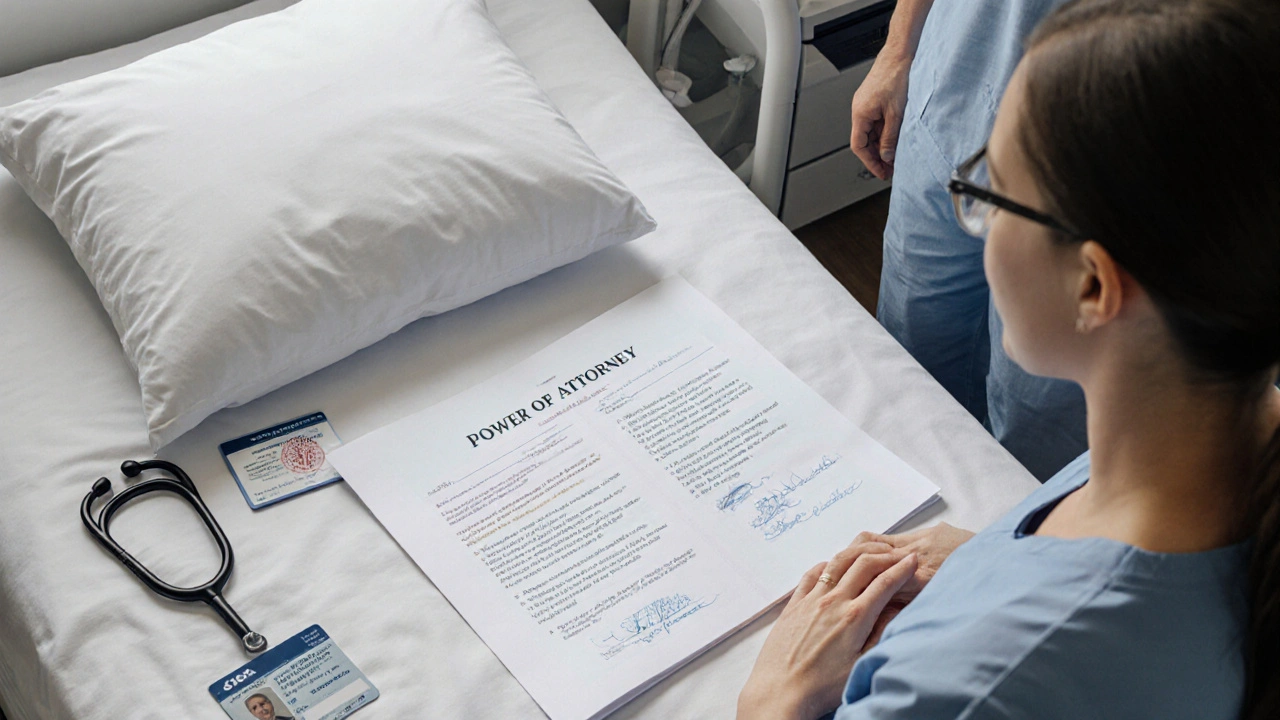 A medical power of attorney document on a hospital bed beside an ID, with an advocate speaking to a nurse.
