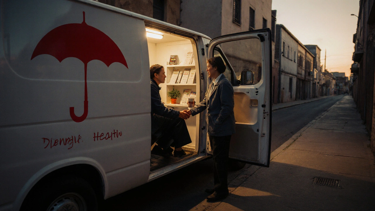 A mobile health van with a red umbrella logo offering care to a sex worker at dusk, no clinic branding, natural light.