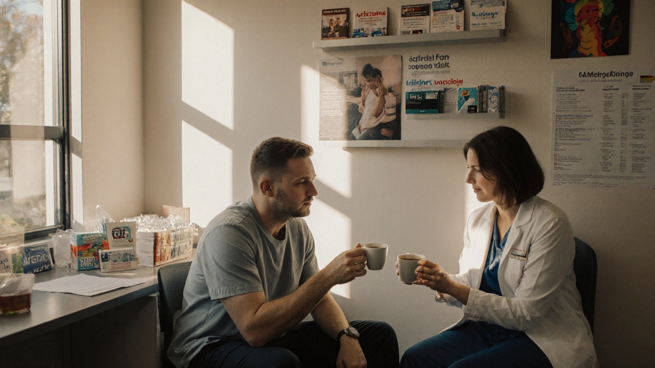 A nurse offers tea to a sex worker in a warm, supportive community health clinic.
