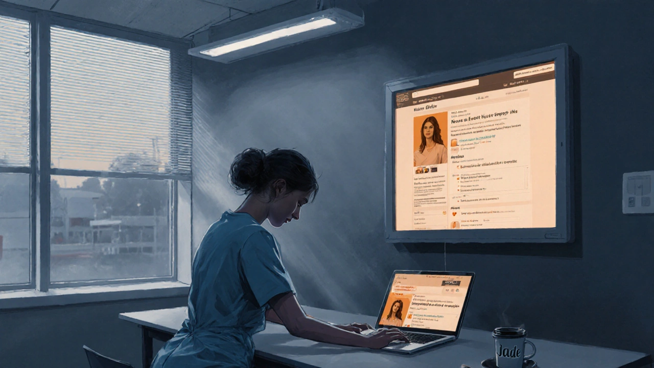 A nurse packing personal items in a hospital break room, a work profile visible in a window reflection.