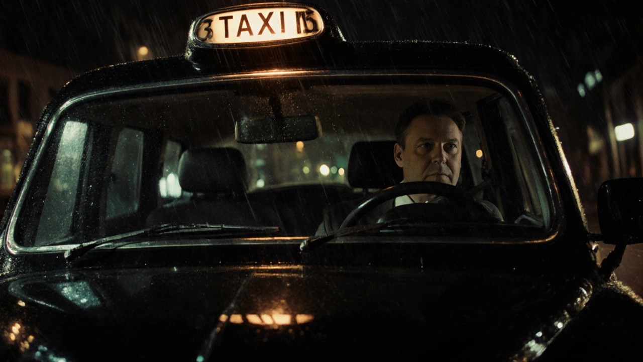 A passenger sits in the back of a London taxi, face hidden, as the driver looks in the rearview mirror.