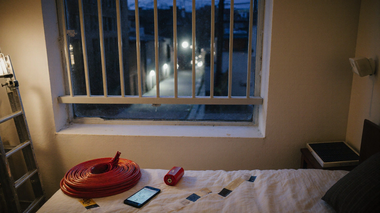 A second-floor bedroom with security bars, fire ladder, and safety alarm under the bed.