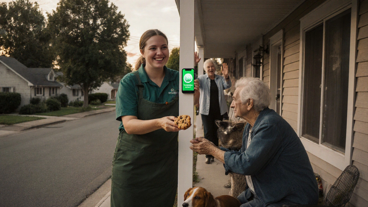 A sex worker sharing cookies with a neighbor in a quiet street, building community trust.