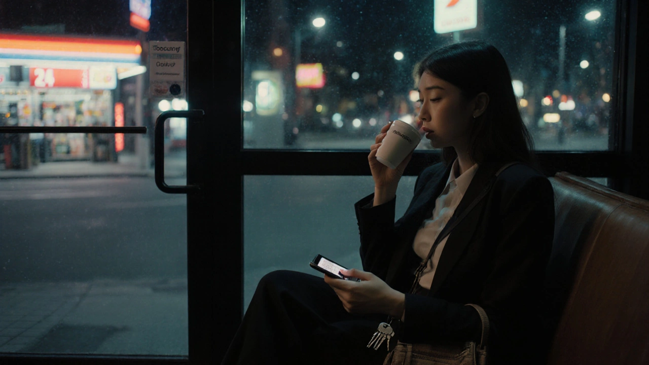 A sex worker sitting in a public lounge, facing the entrance, phone recording, streetlights and convenience store visible through the window.