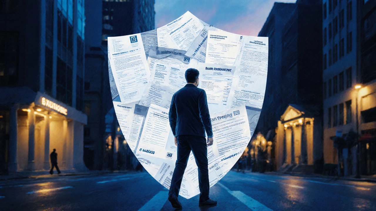 A shield made of financial papers protecting a person walking down a city street at dusk.