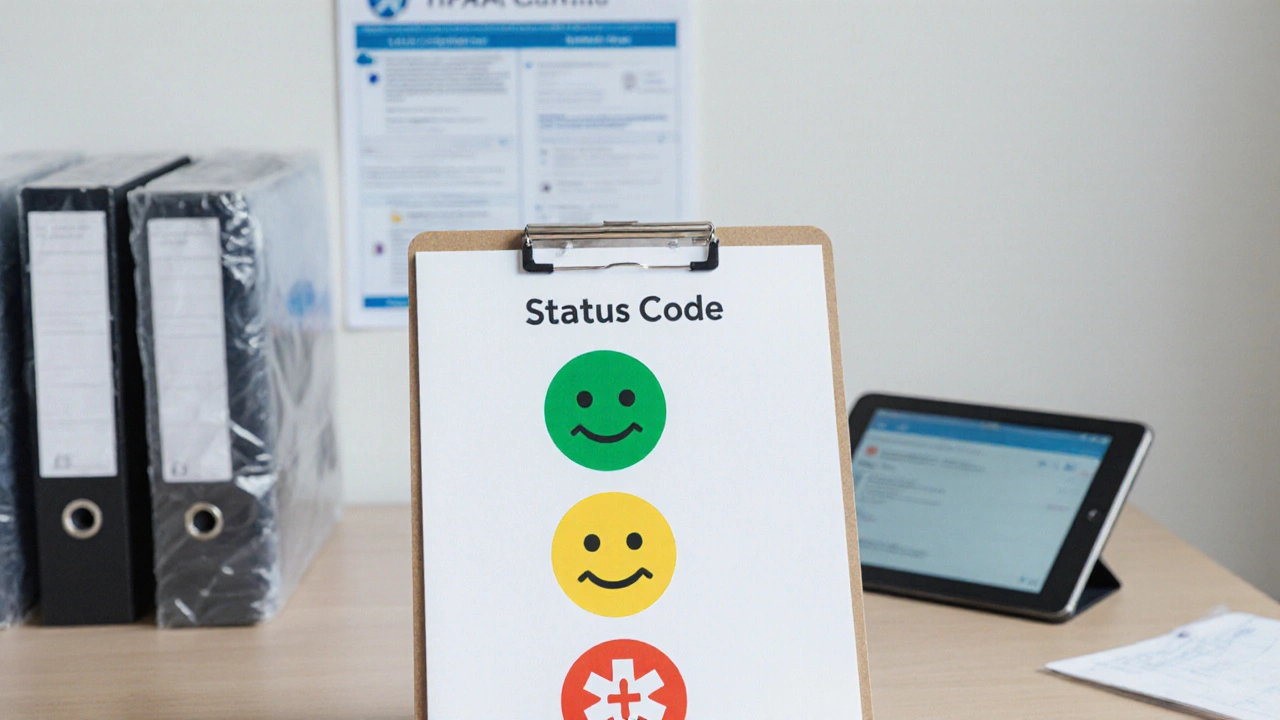 A status code card with green, yellow, and red indicators on a clipboard in a medical office.