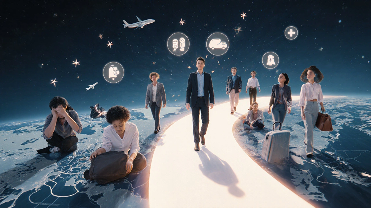 A stressed travel scene transforms into a unified team guided by a calm escort through a glowing path.