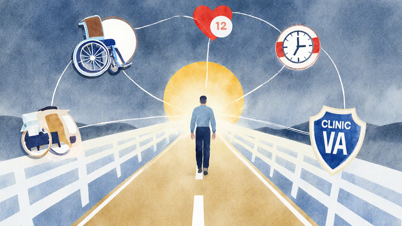 A symbolic bridge connects veteran needs to VA medical escort services.