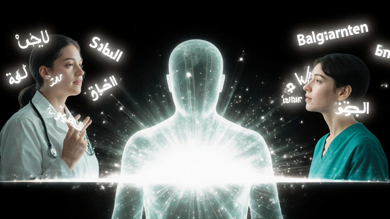 A symbolic image of a medical escort as a bridge of light connecting a doctor’s rapid speech to a patient’s clear understanding.