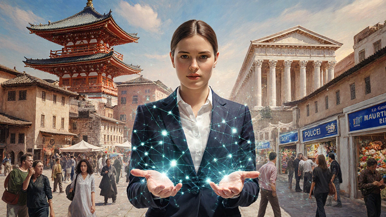 A tour escort as a central figure connecting cultural scenes with threads of empathy.