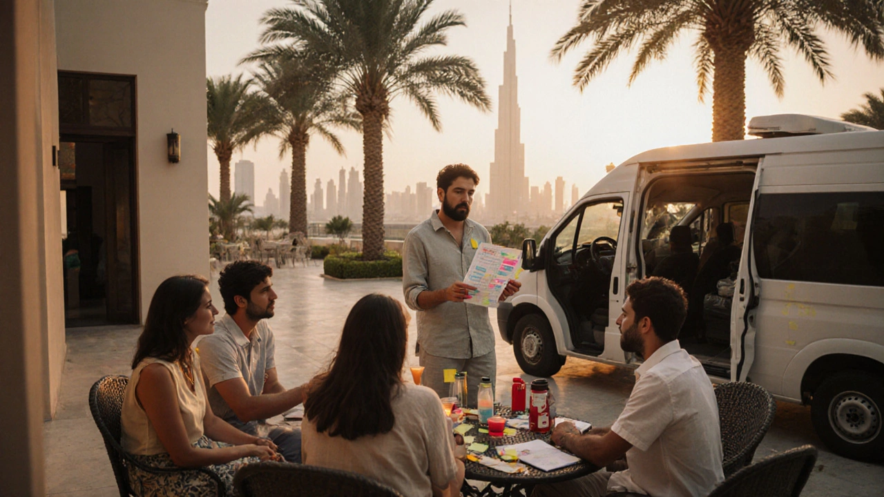 A tour escort hands printed itineraries to a calm group at dawn, Burj Khalifa visible in the distance.
