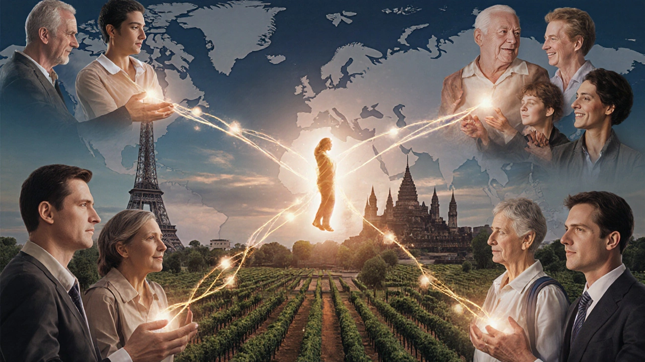 A tour escort is depicted as a glowing thread connecting global landmarks and diverse travelers in a symbolic tapestry.