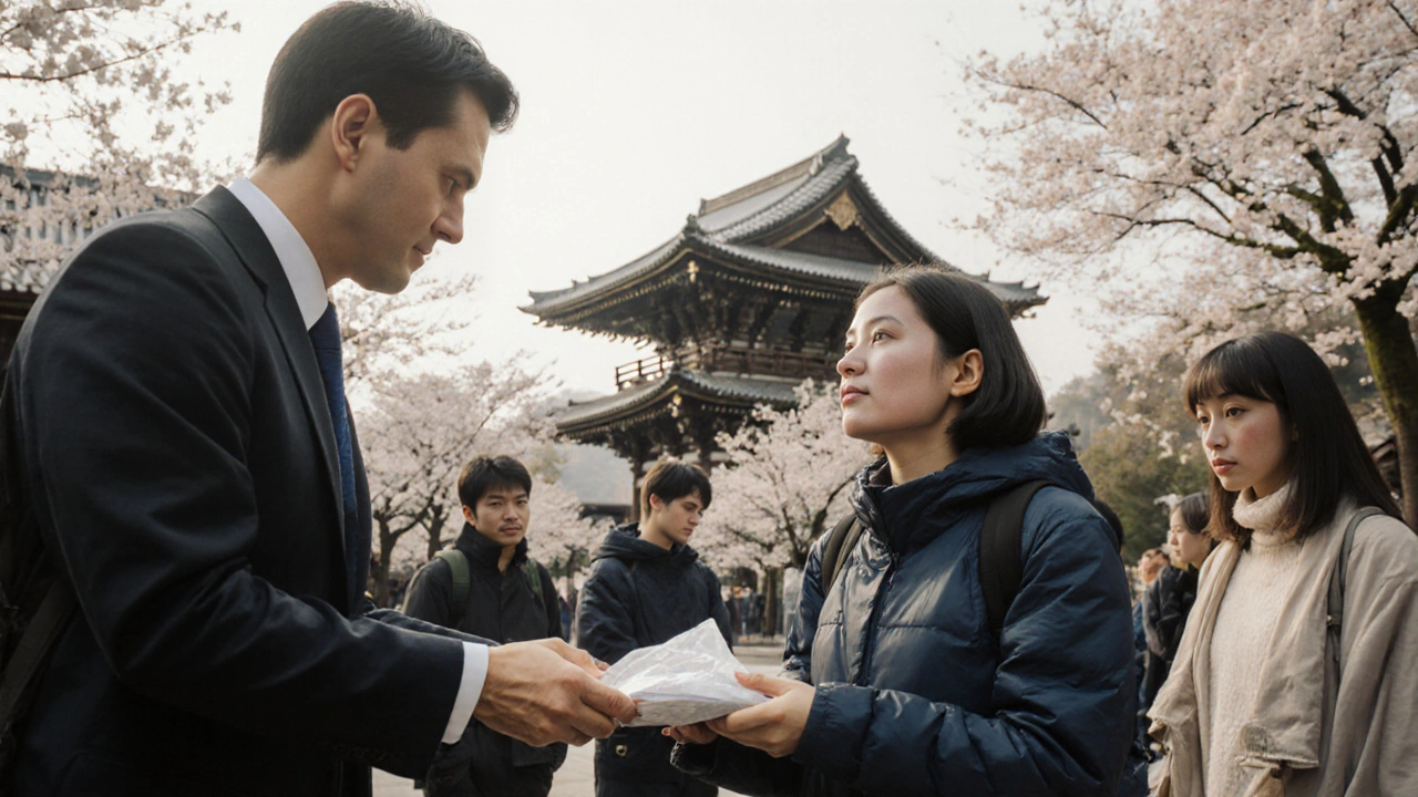 A tour escort offers slippers to a tourist outside a Japanese temple, easing a cultural moment with kindness.