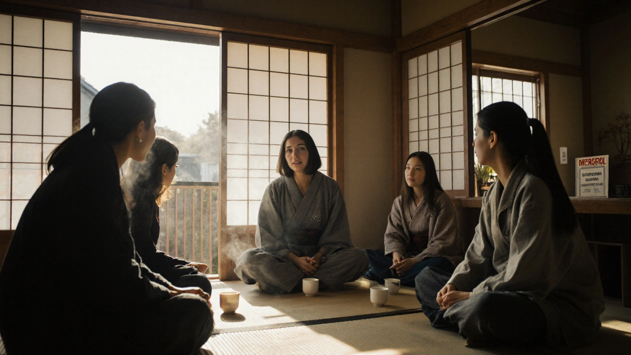 A tour escort teaches cultural etiquette to tourists over tea in a Kyoto ryokan.