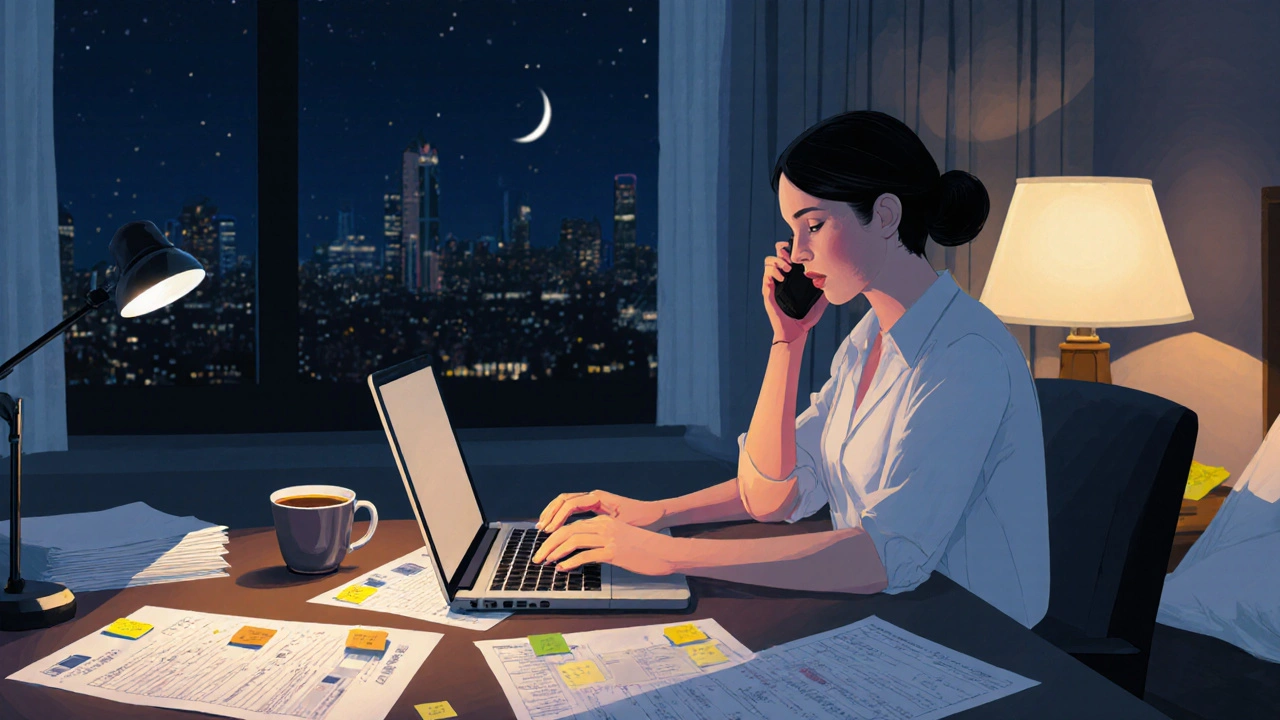 A tour escort working late at night in a hotel room surrounded by itineraries and a phone.