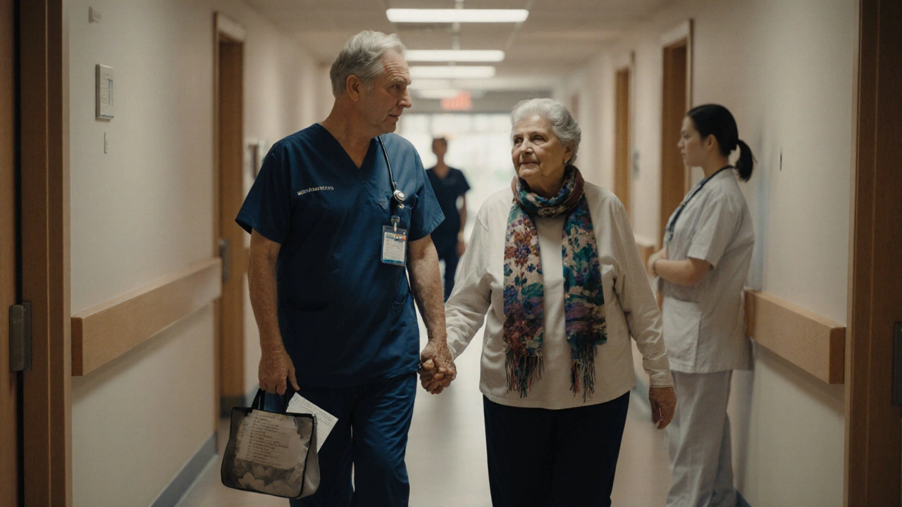 A trained escort walks calmly with a senior patient toward a clinic reception, holding a care bag and offering support.