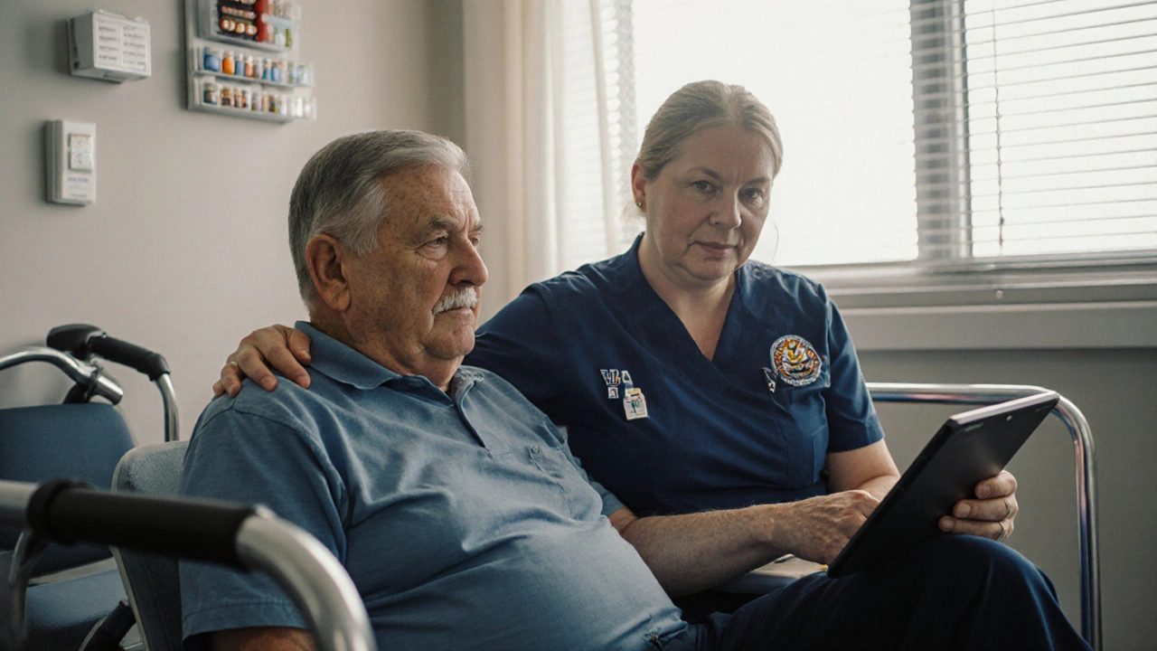 A veteran and VA escort use a tablet for a telehealth appointment in a clinic.
