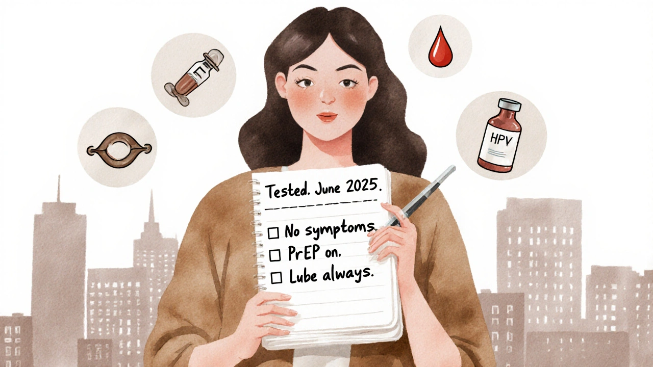 A woman&#039;s notebook with a health checklist and icons representing STI prevention tools