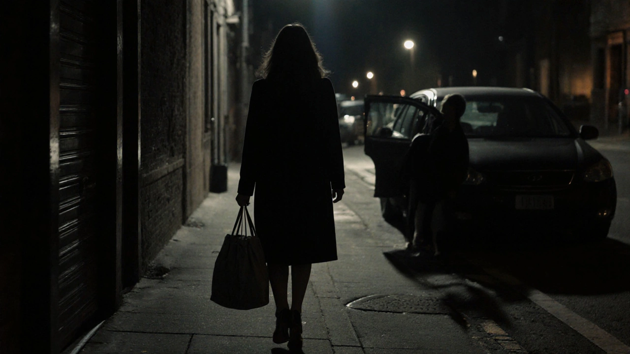 A woman walks toward a waiting car in an alley, symbolizing a safe exit from sex work.